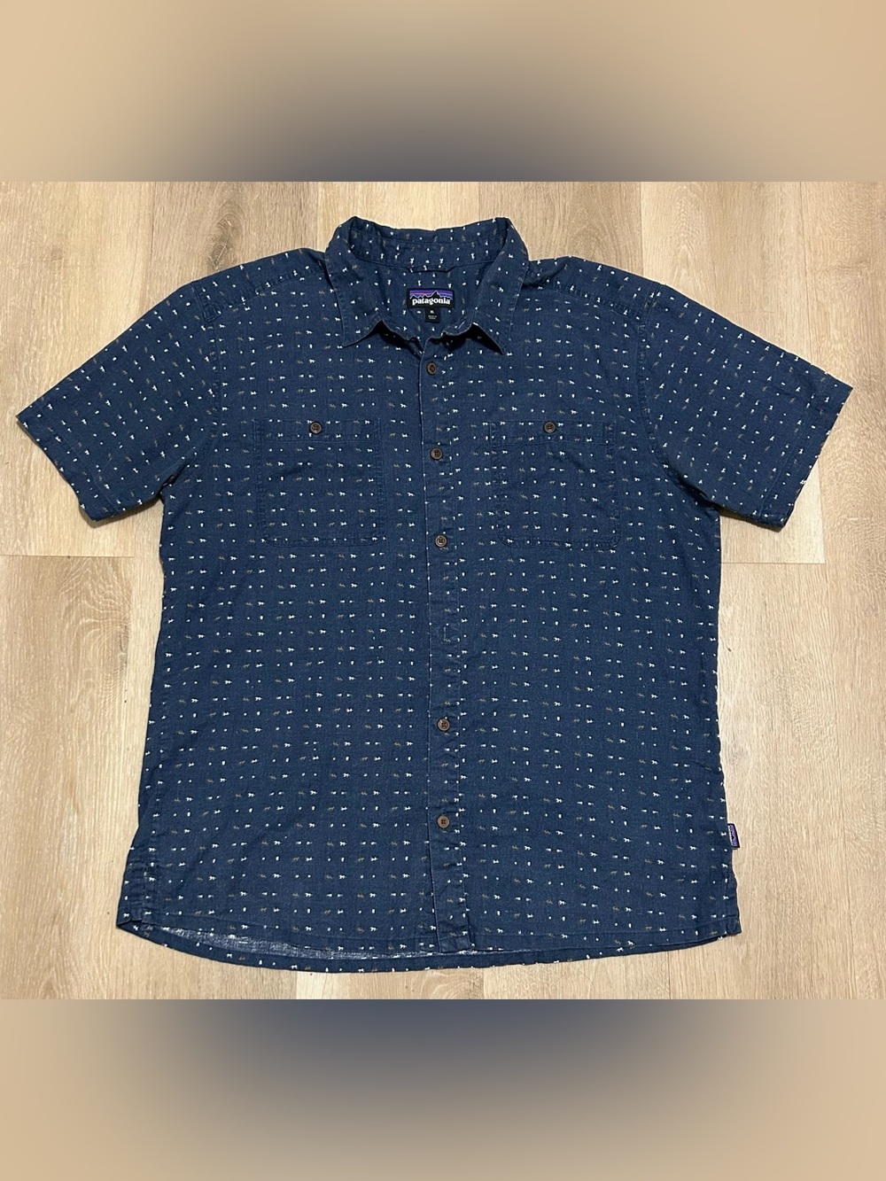 Patagonia Navy Short-Sleeve Button-Down with Micro Dot Print